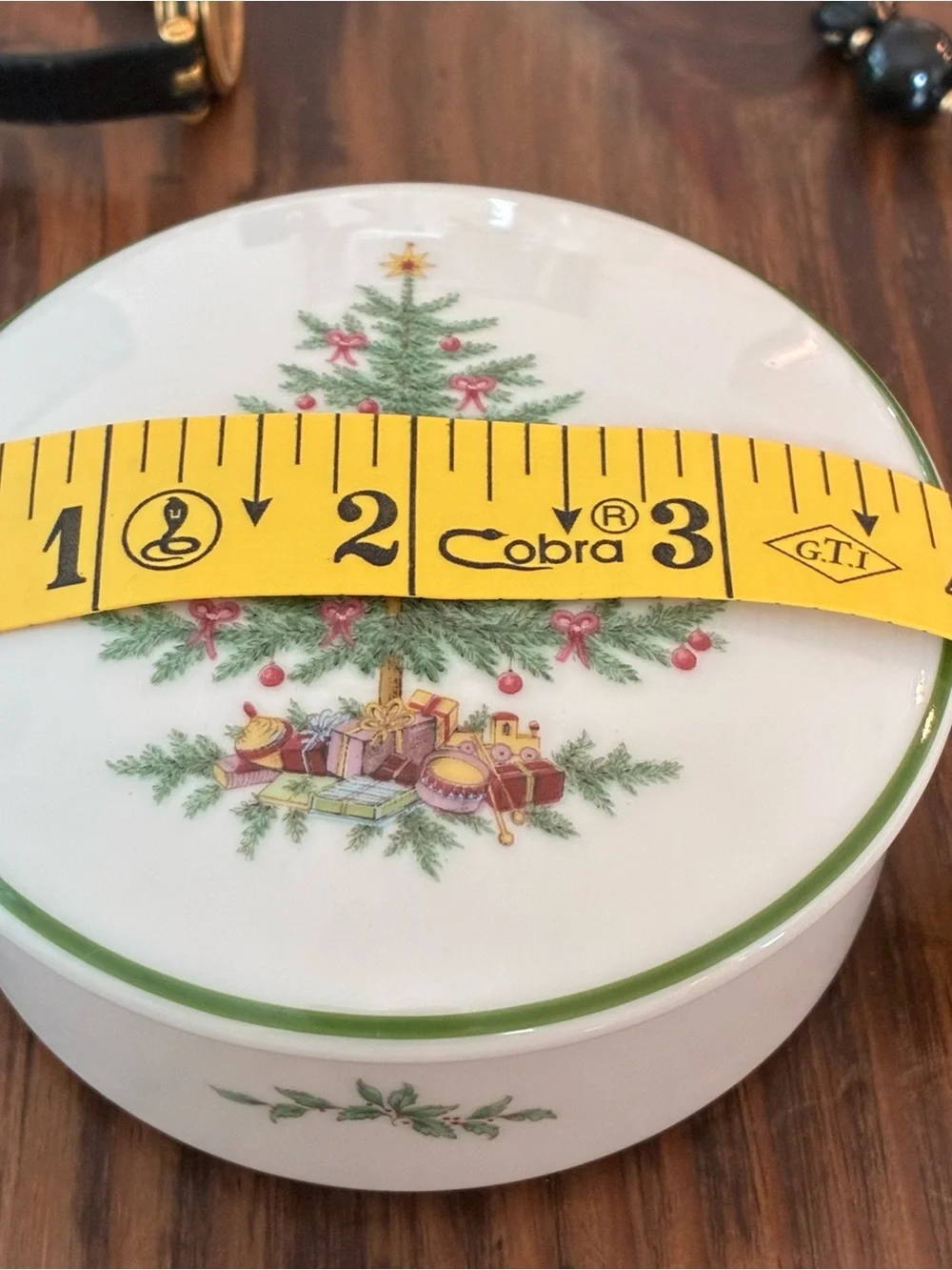 Classic Green Trim Christmas Tree Holiday Dish and Covered Trinket Bowl Set